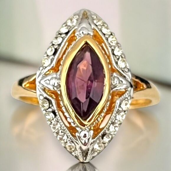 Vintage Ring Size 5 Amethyst Austrian Crystal 18K Gold Plate Mid-Century MCM 14F - Picture 3 of 16